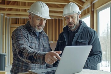 Two construction workers reviewing plans on a laptop at a building site wearing safety helmets