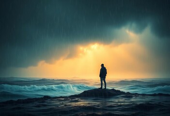 Solitary figure silhouetted against stormy sea, rain falling, clouds, art