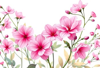 Fototapeta premium Soft pink floral vector illustration, delicate garden blossoms, botanical art on white background, illustration, leaves