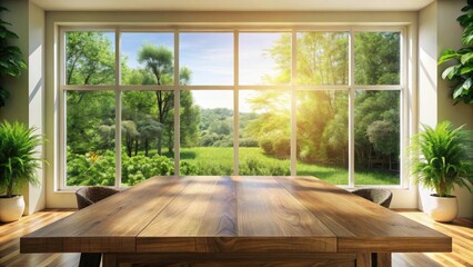 Serene Sunlight Illuminates a Rustic Wooden Table, Providing a Peaceful View of Lush Greenery Through a Large Window