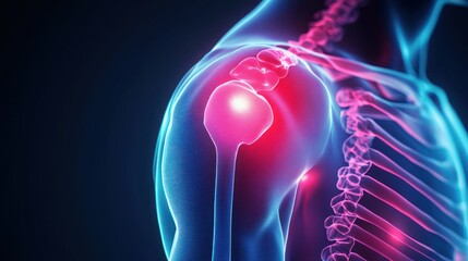 Medical visualization showing shoulder joint inflammation and spinal involvement