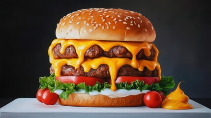 Classic Cheeseburger with Tomatoes and Pickles is a premium-quality stock image ideal for use in lifestyle blogs, health content, promotional campaigns, and editorial publications.