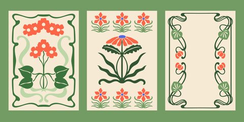 Art Nouveau style vector posters set. Retro print designs with flowers, abstract floral compositions, whimsical frames