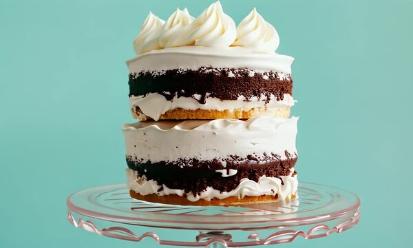 Dark Chocolate Cake with White Frosting on Glass Stand Against Light Teal Background