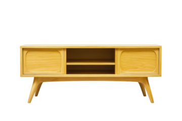 Illustration of a light wood media console with sliding doors on transparent background