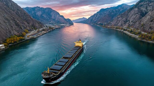 Cargo Ship Navigating Serene Fjord:  A large cargo ship makes its way through a picturesque, serene fjord, with towering mountains framing a stunning vista. The sun casts a golden hue over the water.