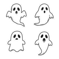 Four simple black and white cartoon ghost outlines with different expressions.