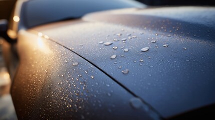 Close-Up of Ceramic Coated Car Hood with Water Droplets