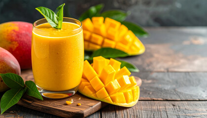 Tropical mango smoothie with sliced fruits on side