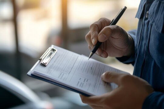 Person holding clipboard and pen filling out a form in a bright and slightly blurred environment
