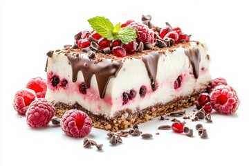 Cake White Background. Delicious Cheese Cake Covered with Fresh Berries and Chocolate