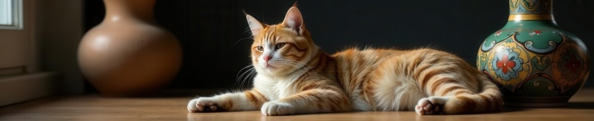 Fototapeta premium Relaxed feline companion next to ornate vase Perfect for design , interior design, high quality, image