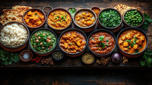 Diverse Indian curries with rice and naan