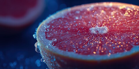 Macro of Grapefruit Slice With Digital Particles is a premium-quality stock image ideal for use in lifestyle blogs, health content, promotional campaigns, and editorial publications.