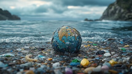 Earth Polluted: A Globe Covered in Trash on the Beach