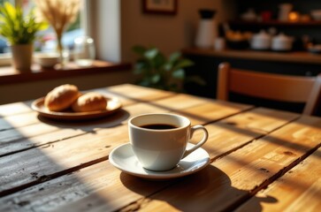 A cup of coffee on a wooden table in a cozy, sunlit kitchen, with pastries on a plate in the background.