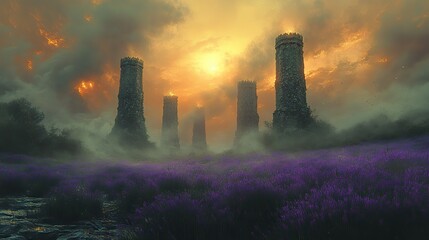 Ivory towers rise from a sea of emerald grass, their spires reaching towards a lavender-streaked firmament A gentle breeze carries sweet melodies