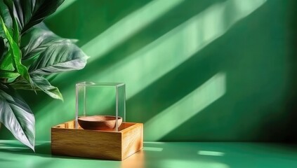Wooden box holds a clear cube and bowl, bathed in sunlight against a green backdrop with tropical foliage