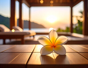 Frangipani Flower in Soft Spa Lighting with Massage Room Background, Aromatic Tropical Blossom Symbolizing Balinese Wellness, Relaxation and Holistic Therapy in a Peaceful Spa Environment