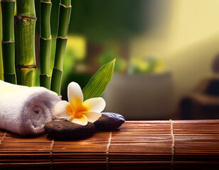 Frangipani flower, hot stones and candle in soft spa lighting with massage room background, tropical ambiance symbolizing Balinese relaxation, holistic therapy and wellness in a peaceful setting
