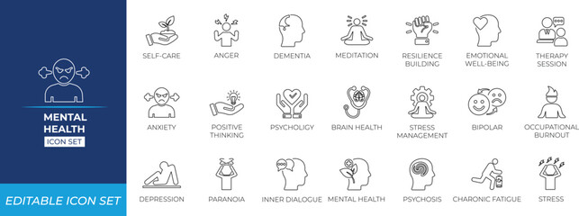 Mental health line icon set.