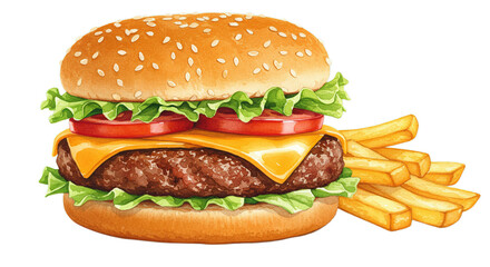 Juicy Hamburger and Fries Combo Illustration on Black Background