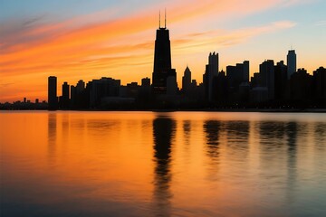 Obraz premium Stunning silhouette of the chicago skyline at sunset reflecting in calm waters with vibrant orange and blue hues