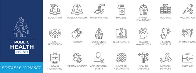 Public health line icon set featuring prevention, hospital, report, monitor, insurance, exam, stethoscope, therapy, ,and medical awareness visuals.