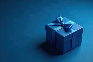 Elegant blue gift box with bow on dark blue surface , holiday, copy space, simple