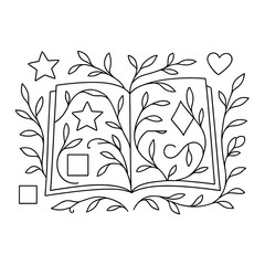 Open book with floral elements and geometric shapes line art vector illustration design template