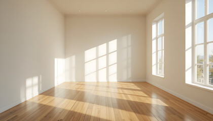 Obraz premium Bright Sunlight in Minimalist Room with Polished Wooden Floor and Large Windows
