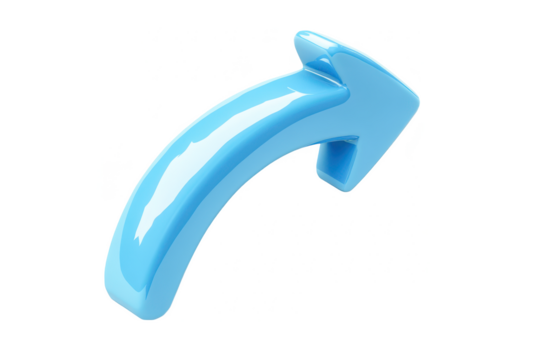 Curved light blue arrow pointing upwards and right on transparent background