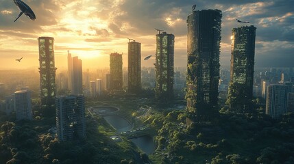 Futuristic Cityscape with Green Skyscrapers