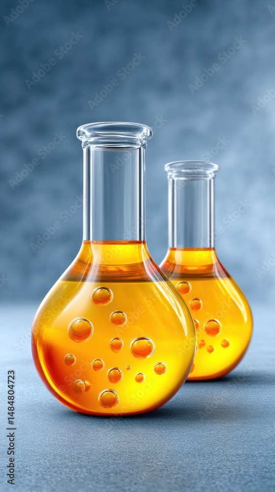 Poster two glass flasks filled with golden liquid bubbles science experiment