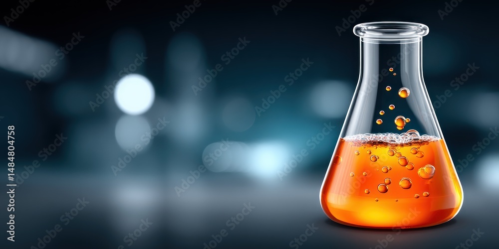Aufkleber erlenmeyer flask with orange liquid bubbles science experiment