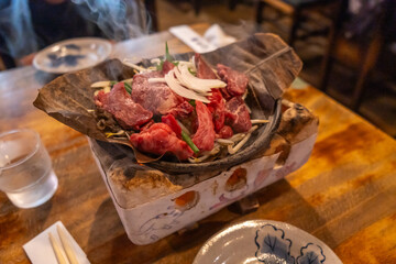 Cooking Hida Wagyu Beef in Leaf at Takayama, Japan