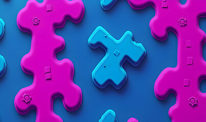 Obraz premium Abstract 3D render of vibrant pink and blue organic shapes on a bold blue background. Ideal for modern design projects, websites, and presentations.