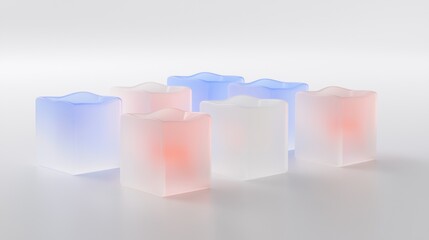 Obraz premium Seven uniquely shaped glass candle holders in blue, pink, and white, arranged in a circular pattern against a white background.