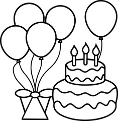 birthday cake and balloons outline vector and illustration, coloring book page