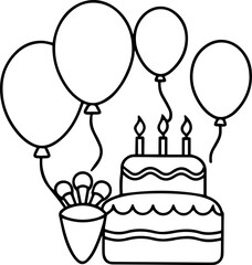 birthday cake and balloons outline vector and illustration, coloring book page