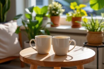 Two coffee mugs on a wooden table in a sunlit room with potted plants by a window.