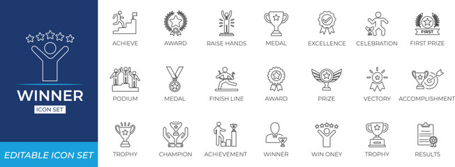 Winner icon icon set. accomplishment, award, achieve, award, award, medal, prize, raise solid line icon collection.