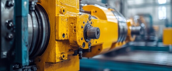 Fototapeta premium A yellow industrial machine is prominently displayed in close-up, highlighting its complex mechanical components. This machine operates in a spacious factory
