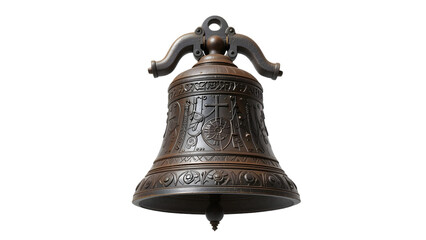 Historic iron bell from an Andorran alpine chapel adorned with native etchings isolated on white background