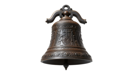 Historic iron bell from an Andorran alpine chapel adorned with native etchings isolated on white background
