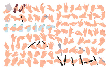 Set of cartoon hand different or variant hand poses,hand holding a spoon, hand holding a pen, various hands with different shapes. hand cartoon