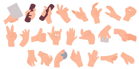 Set of cartoon hand different or variant hand poses,hand holding a spoon, hand holding a pen, various hands with different shapes. hand cartoon