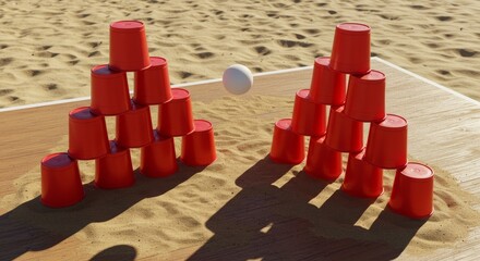 Stacked red cups in pyramid formation with a ball on sandy surface  