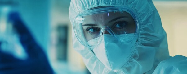 Close up of a healthcare worker in full ppe with goggles and mask looking intently at something nearby