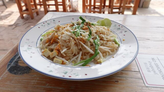 A plate of delicious phad thai or stir-fried rice noodle which is the most popular dish in Thailand
